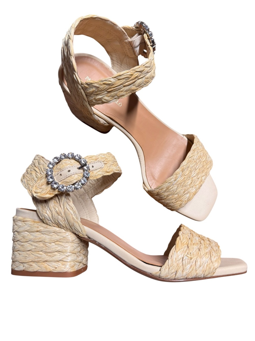 Paloma Barcelo Raffia Block Heel Sandals Size 39 US 8.5 Natural Anthropologie
